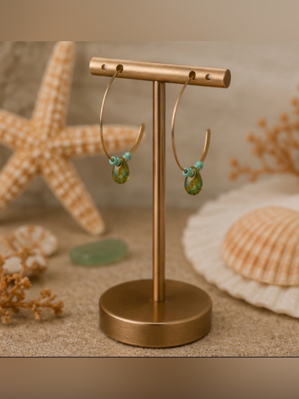 Handmade Turquoise Bead Brass Arc Earrings | Boho Artisan Jewelry